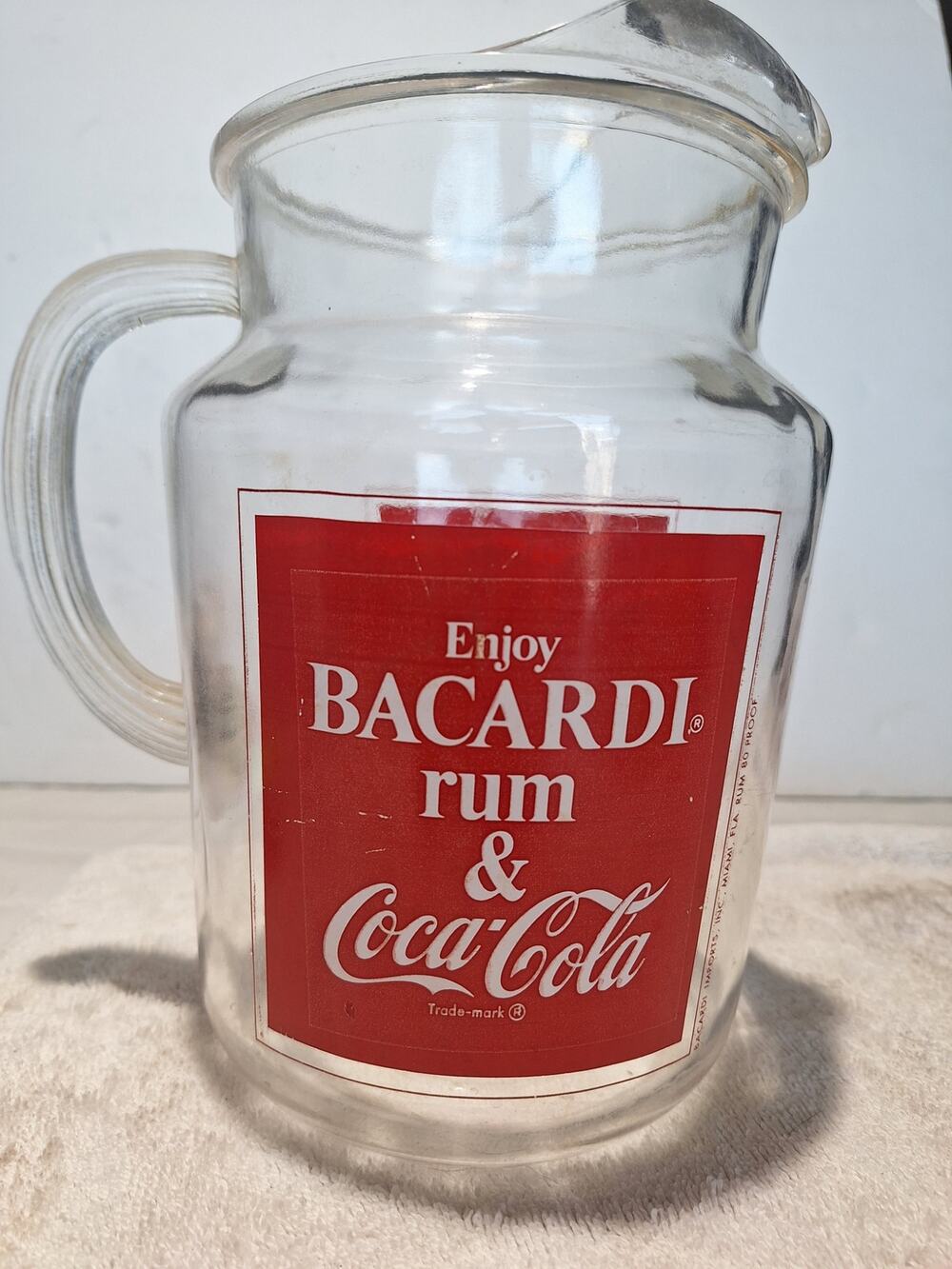 Vintage 1970s Bacardi Coca-Cola Glass Pitcher Rum & Coke Advertising Barware
